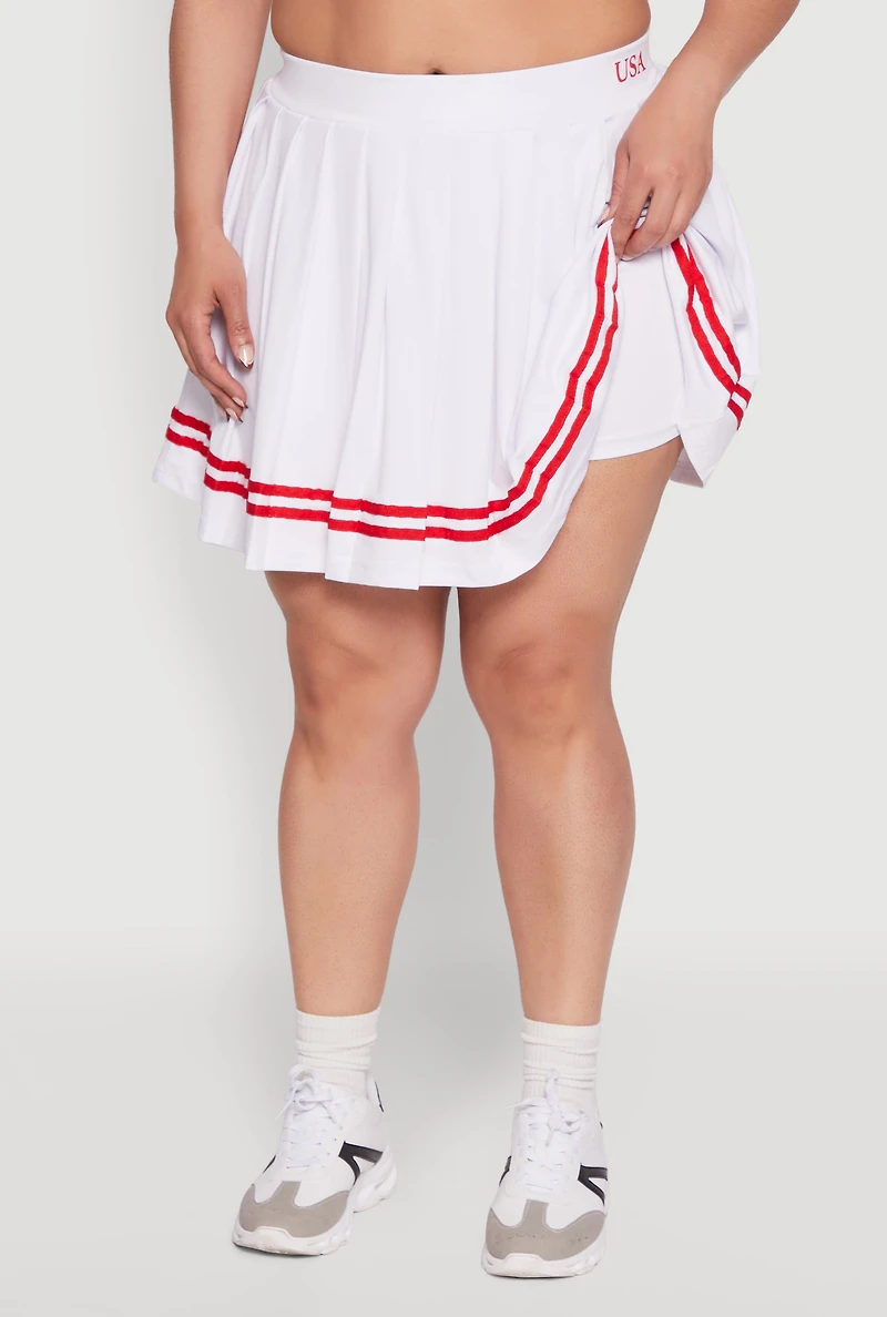 Womens Plus Size Trendy High Waisted Graphic Pleated Varsity Stripe Skirt, White, Size 2X