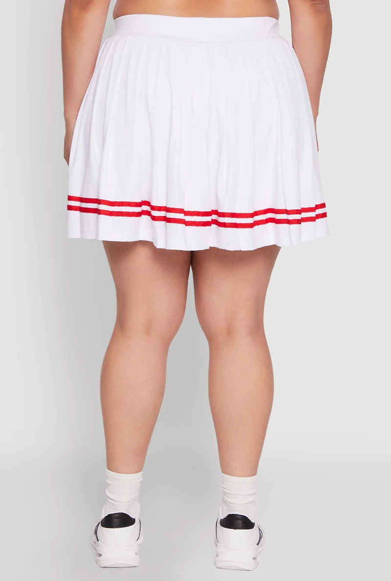 Womens Plus Size Trendy High Waisted Graphic Pleated Varsity Stripe Skirt, White, Size 2X