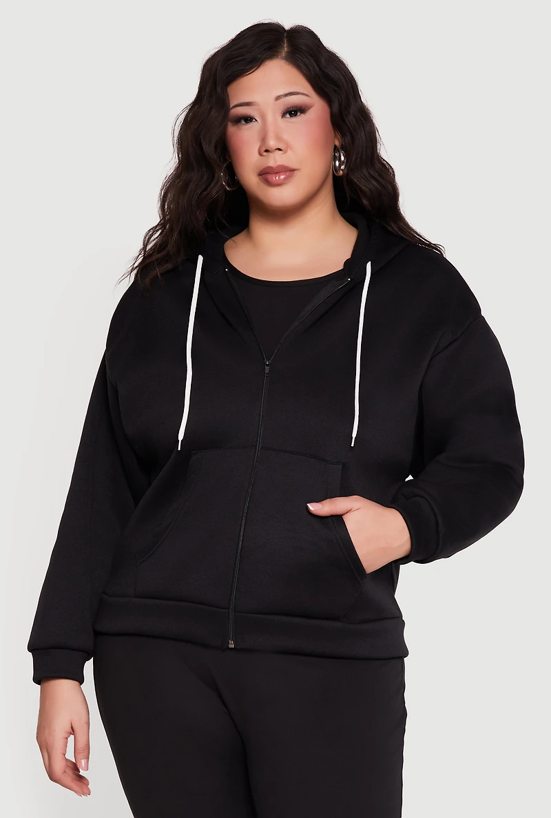 Plus Drop Shoulder Zip Front Hooded Sweatshirt