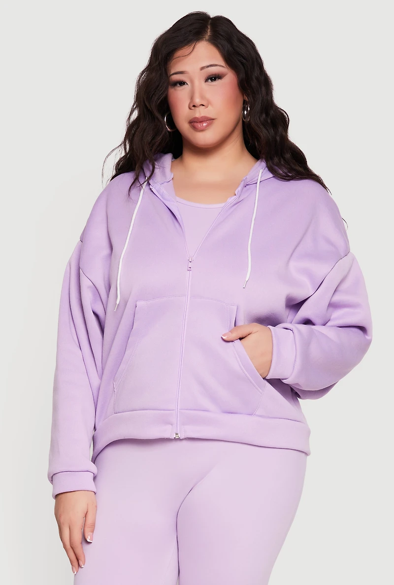 Plus Drop Shoulder Zip Front Hooded Sweatshirt