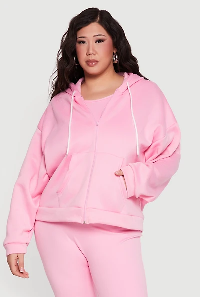 Plus Drop Shoulder Zip Front Hooded Sweatshirt