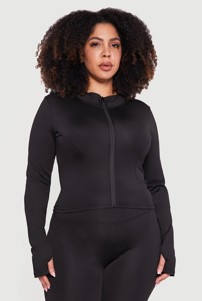 Plus Zip Front Mock Neck Active Jacket with Thumb Holes