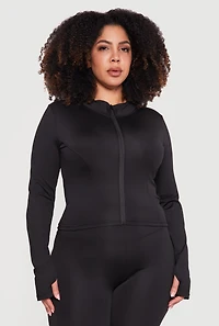Plus Zip Front Mock Neck Active Jacket with Thumb Holes