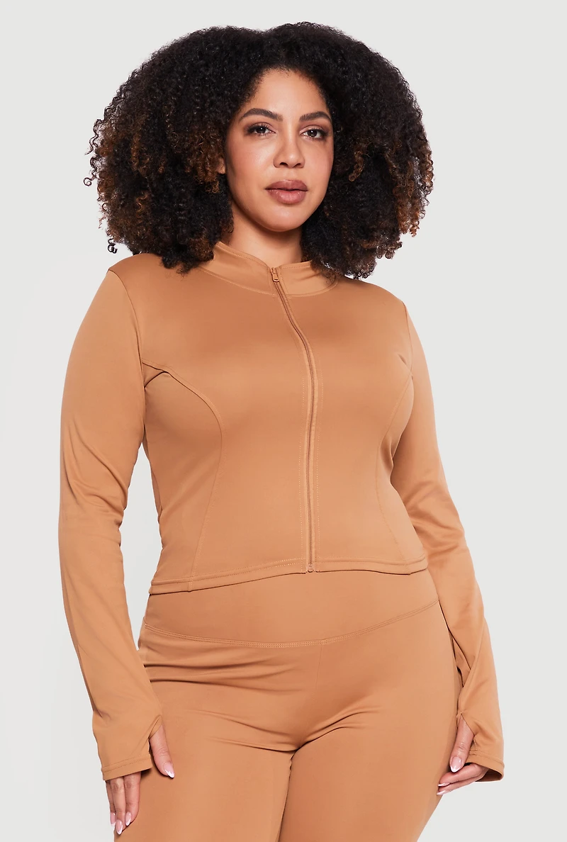 Plus Zip Front Mock Neck Active Jacket with Thumb Holes