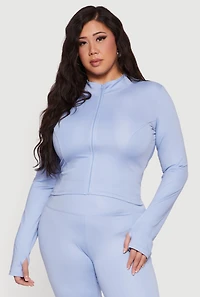 Plus Zip Front Mock Neck Active Jacket with Thumb Holes
