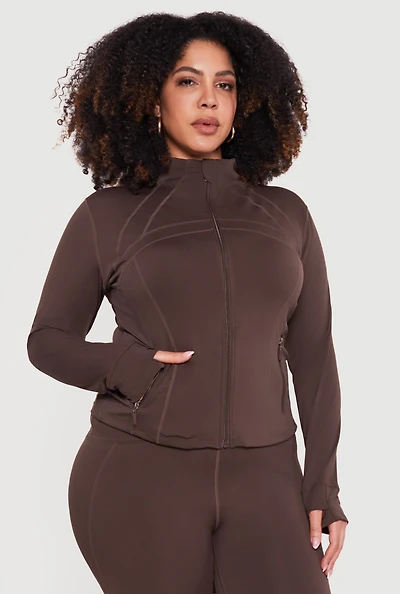 Plus Long Sleeve Zip Front Jacket with Thumb Holes