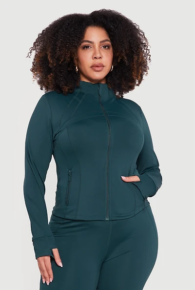 Plus Long Sleeve Zip Front Jacket with Thumb Holes