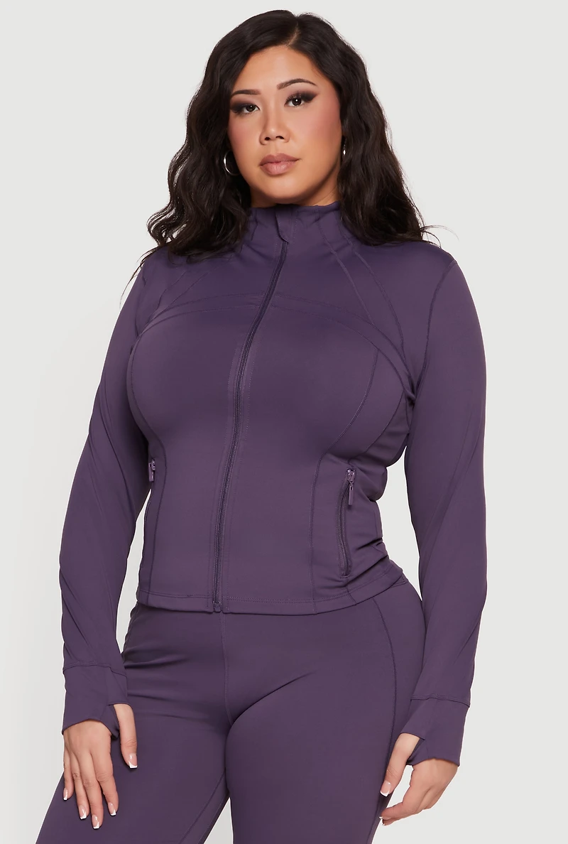 Plus Long Sleeve Zip Front Jacket with Thumb Holes