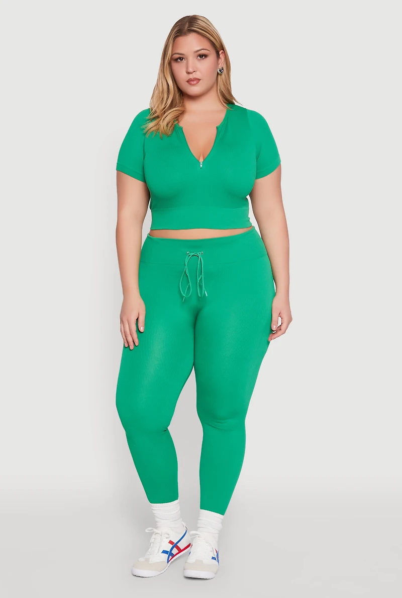 Womens Plus Size Seamless Zip Front Crop Top, Green, Size 1X