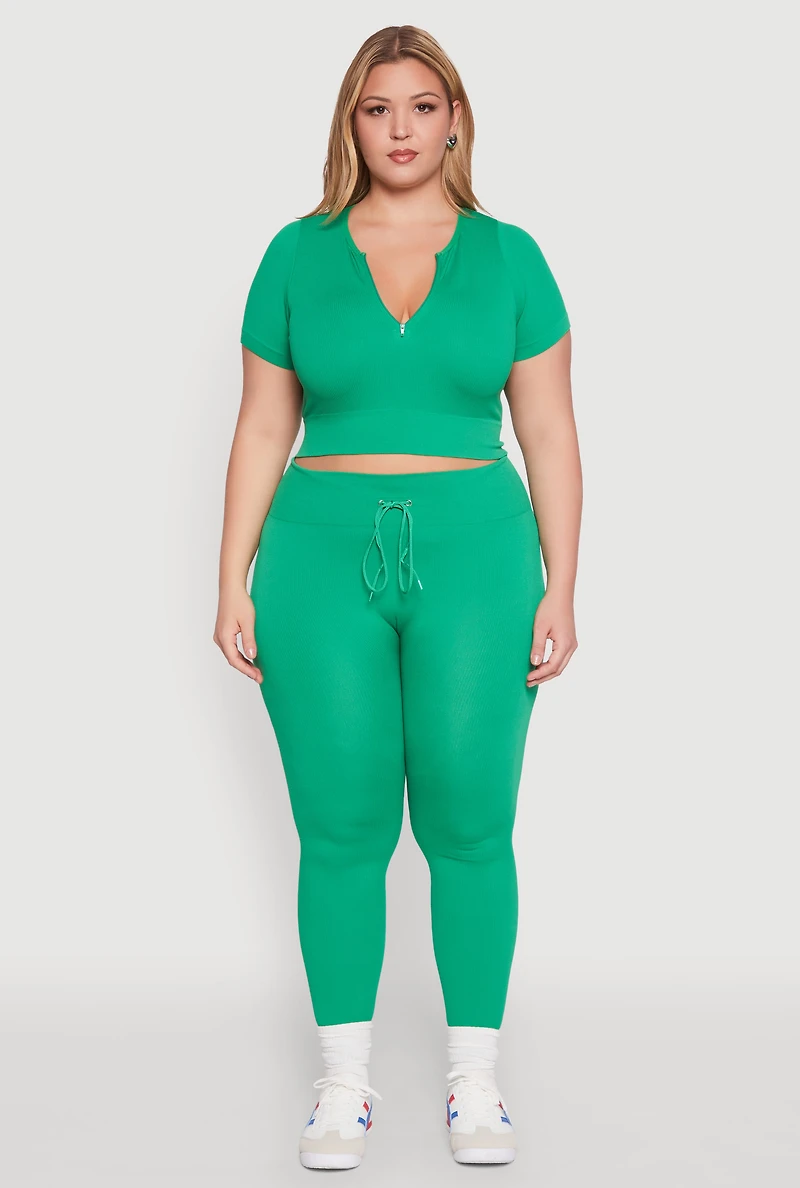 Womens Plus Size Seamless Zip Front Crop Top, Green, Size 1X