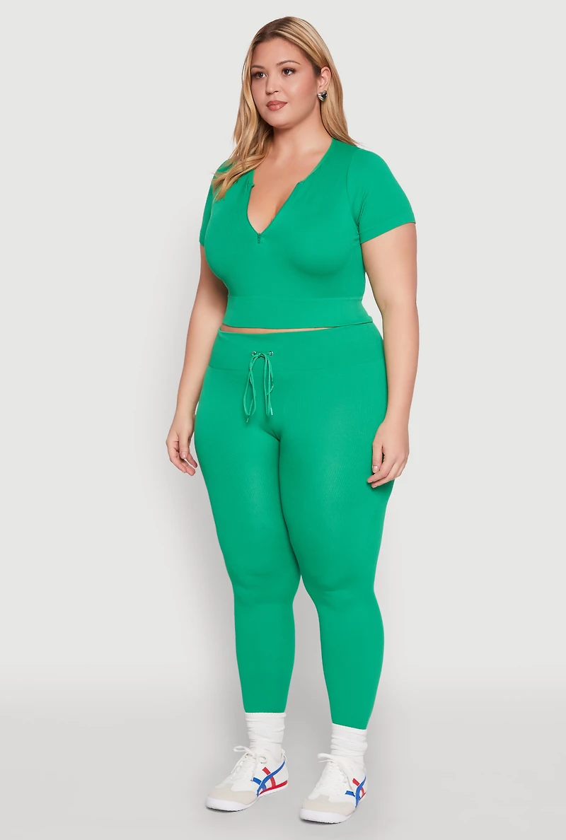 Womens Plus Size Seamless Zip Front Crop Top, Green, Size 1X