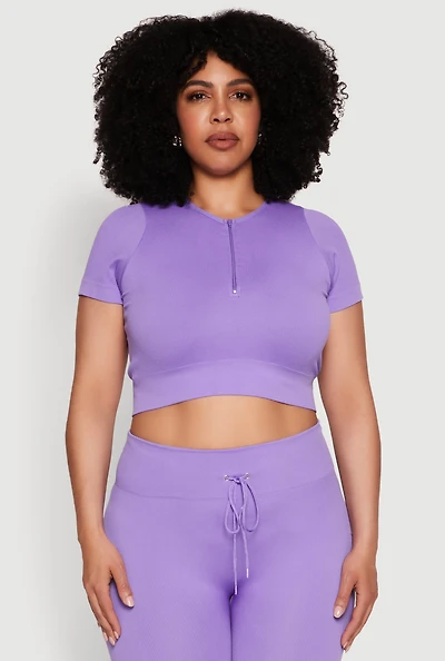 Womens Plus Size Seamless Zip Front Crop Top, Purple, Size 3X