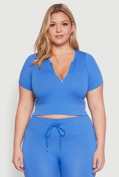 Womens Plus Size Seamless Zip Front Crop Top, Blue, Size 1X