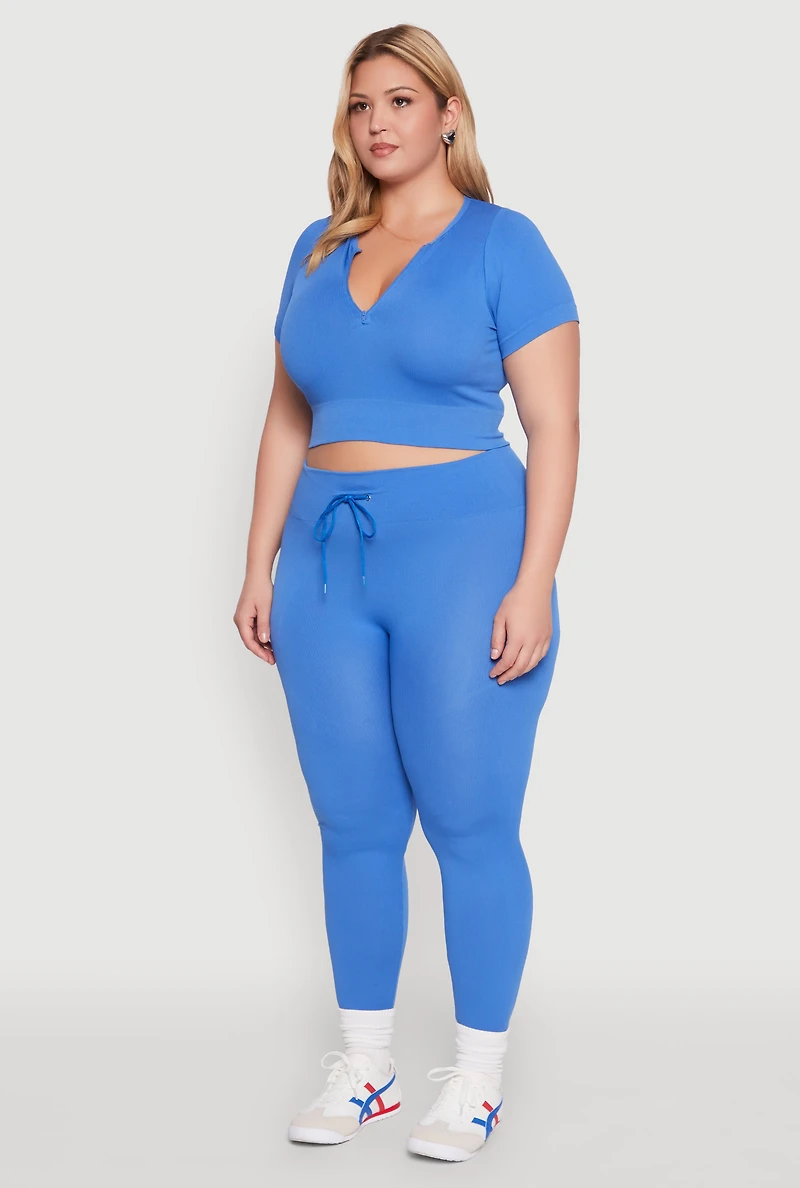 Womens Plus Size Seamless Zip Front Crop Top, Blue, Size 1X