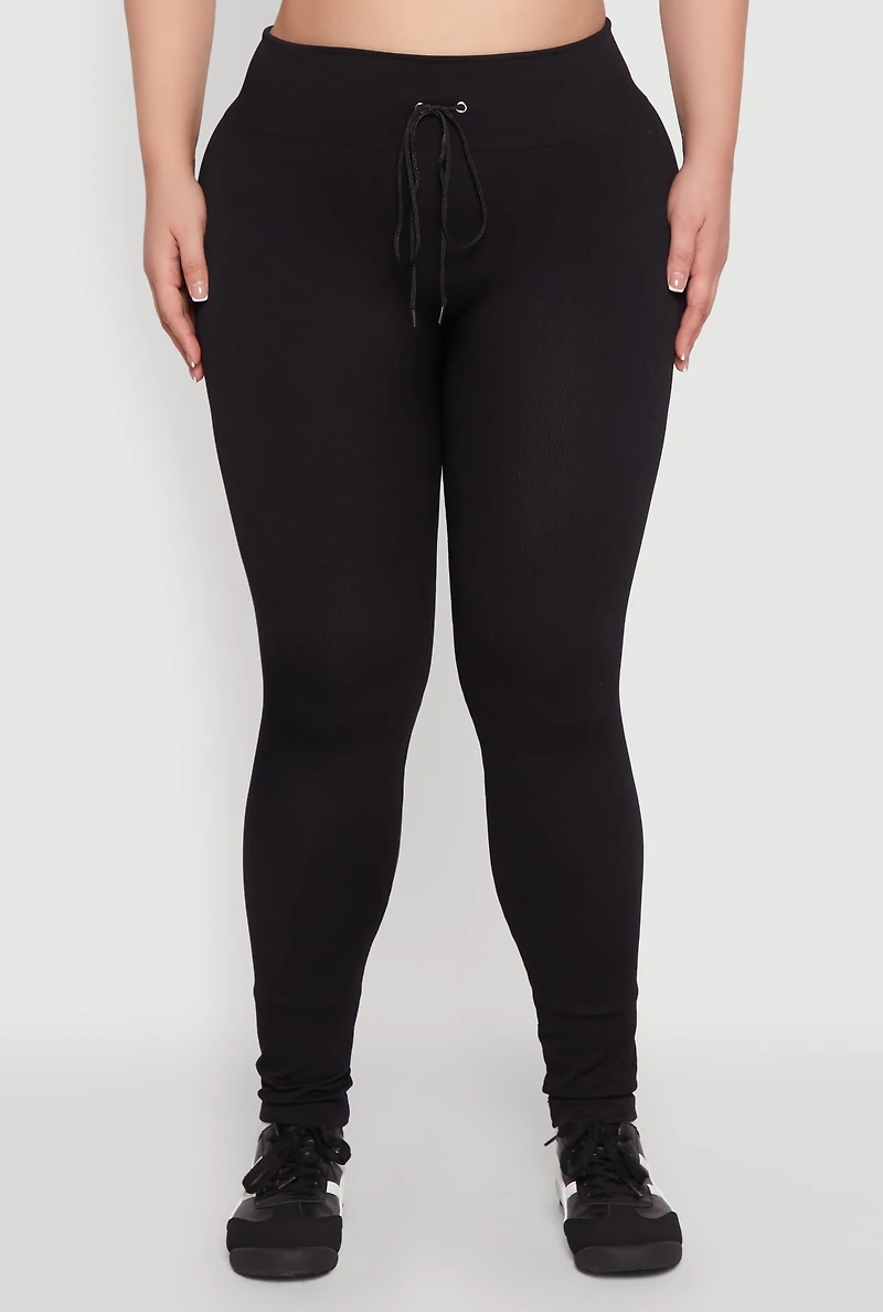 Womens Plus Size Seamless Drawstring Waist Leggings, Black, Size 2X
