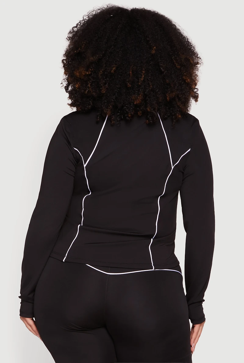 Plus Contrast Piping Zip Front Mock Neck Active Jacket