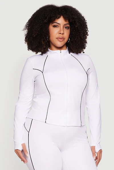 Plus Contrast Piping Zip Front Mock Neck Active Jacket