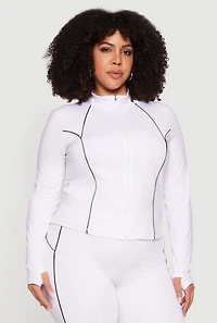 Plus Contrast Piping Zip Front Mock Neck Active Jacket