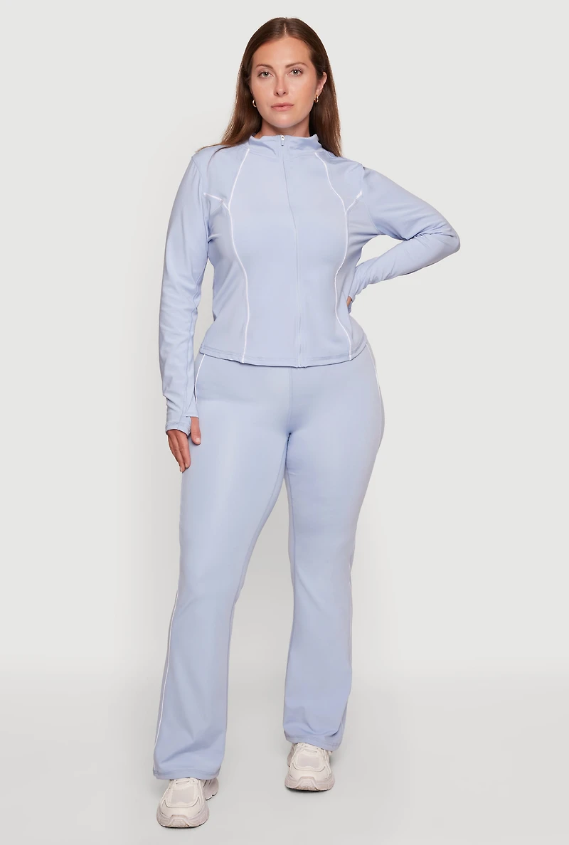 Plus Contrast Piping Zip Front Mock Neck Active Jacket