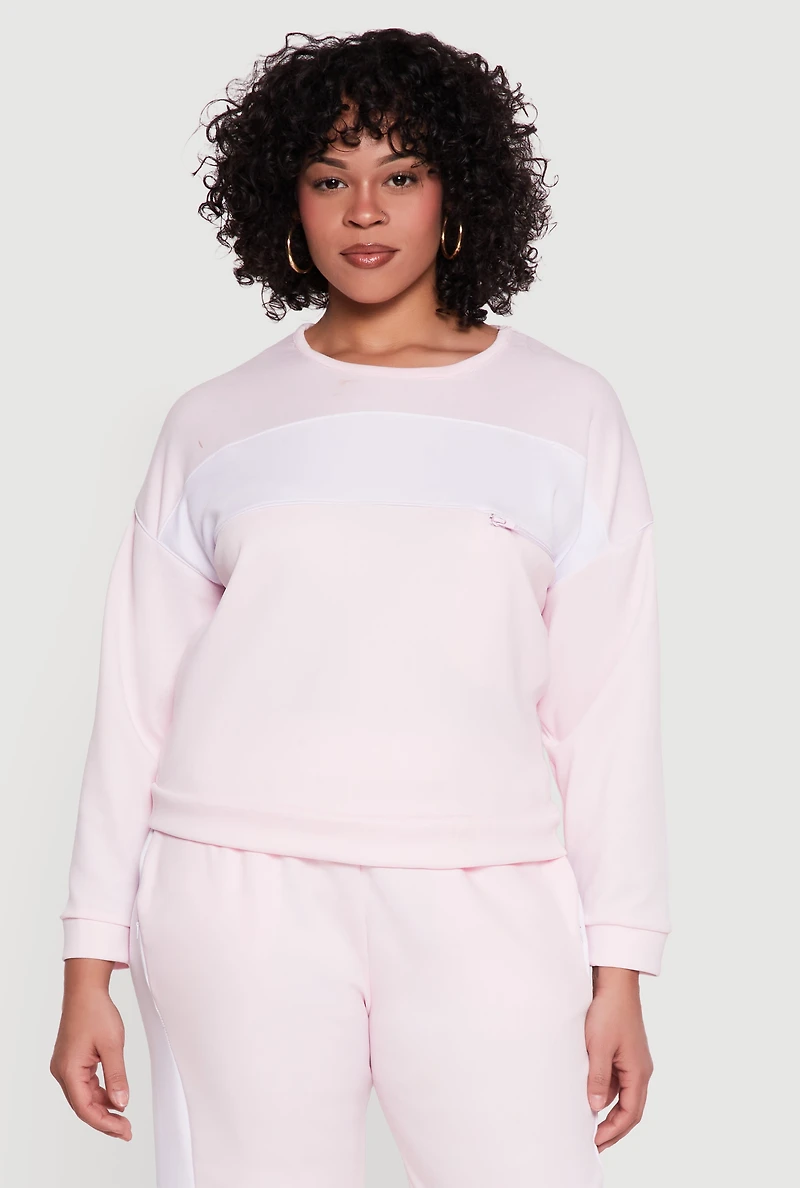 Plus Crew Neck Pullover Top with Zip Pocket Detail