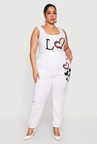 Plus Heart Graphic Print Fleece Pants