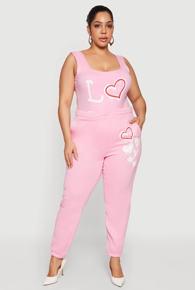 Plus Heart Graphic Print Fleece Pants