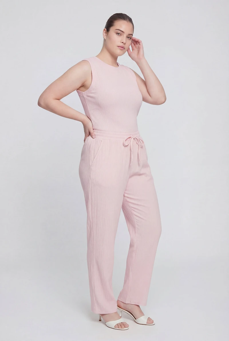 Plus Rib Knit High Waisted Wide Leg Pants