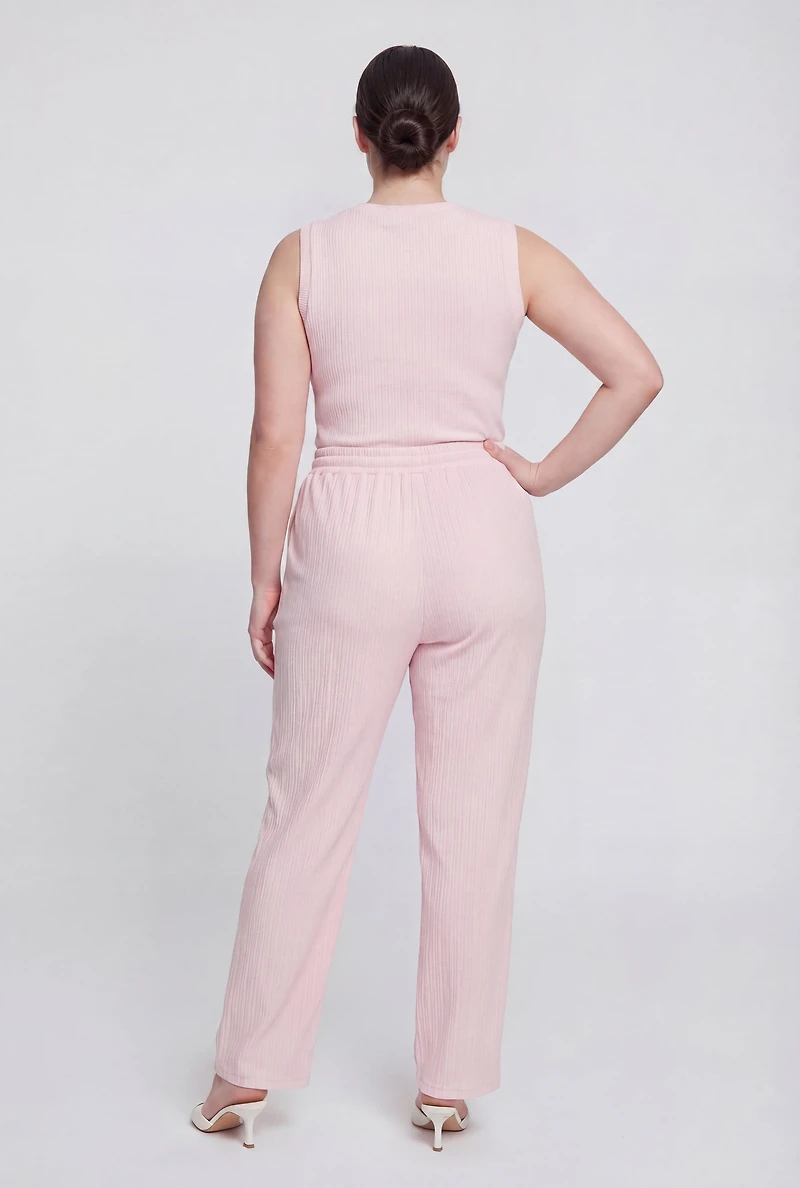Plus Rib Knit High Waisted Wide Leg Pants
