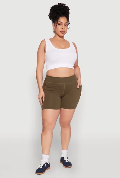 Womens Plus Side Pocket Biker Shorts, Green,