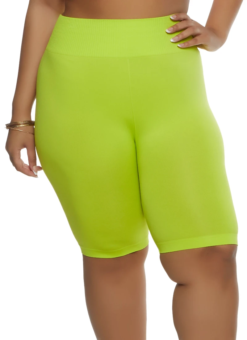 Womens Plus Size Rib Knit Cycling Shorts, Green, Size 1X-2X