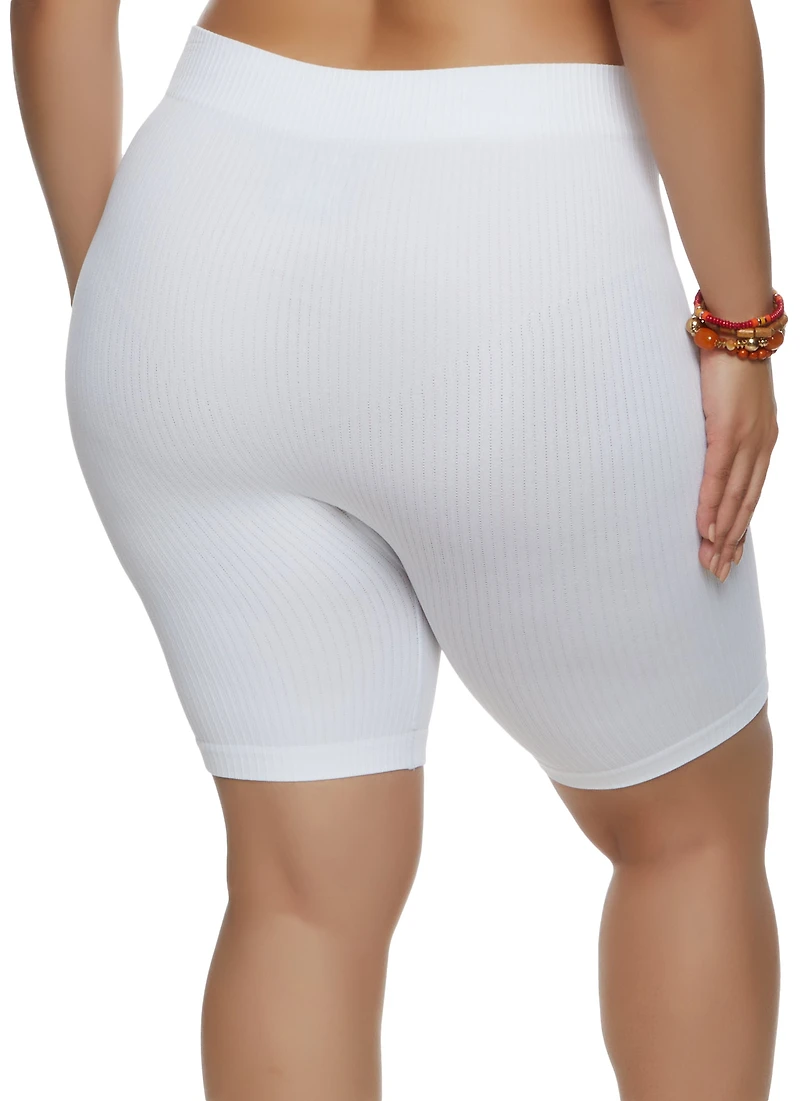 Womens Plus Size Rib Knit Seamless Biker Shorts, White, Size 2X-3X