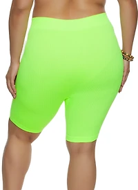 Womens Plus Size Rib Knit Seamless Biker Shorts, Green, Size 1X-2X