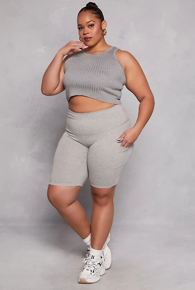 Womens Plus Size Cargo Pocket High Waist Biker Shorts, Grey, Size 1X