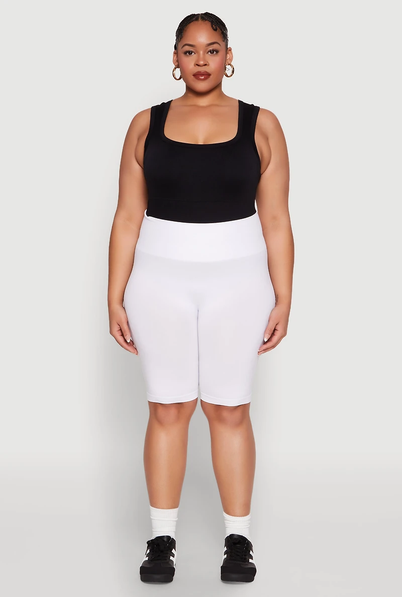 Womens Plus Size Seamless High Waisted Bike Shorts, White, Size 1X-2X