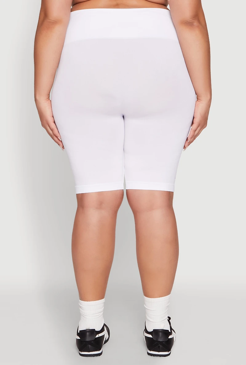 Womens Plus Size Seamless High Waisted Bike Shorts, White, Size 1X-2X