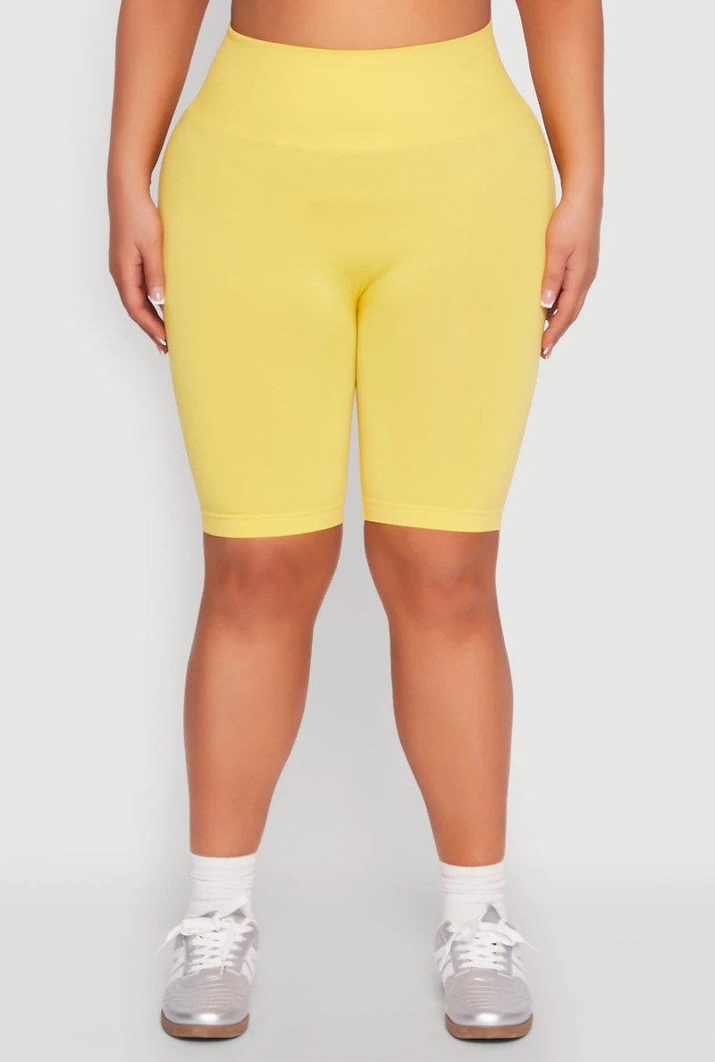 Womens Plus Size Seamless High Waisted Bike Shorts, Yellow, Size 1X-2X