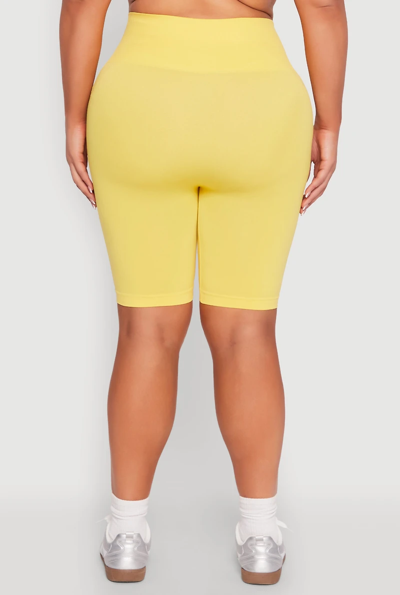 Womens Plus Size Seamless High Waisted Bike Shorts, Yellow, Size 1X-2X
