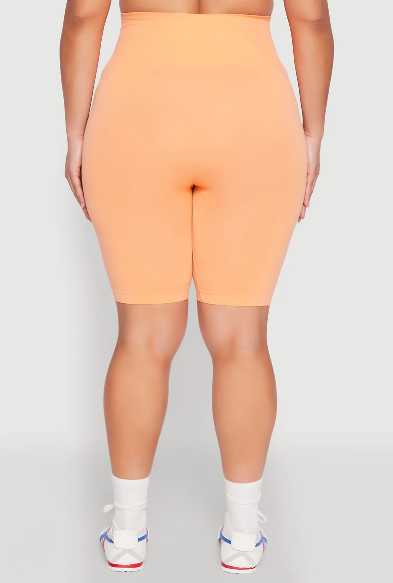 Womens Plus Size Seamless High Waisted Bike Shorts, Orange, Size 1X-2X