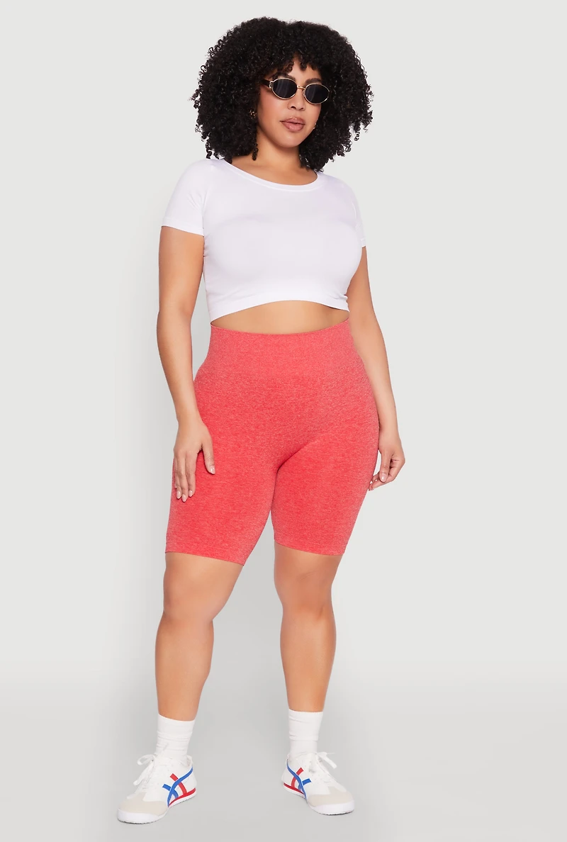 Womens Plus Size Seamless High Waist Bike Shorts, Orange, Size 1X-2X