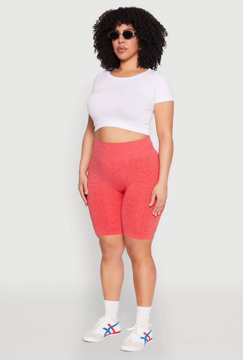 Womens Plus Size Seamless High Waist Bike Shorts, Orange, Size 1X-2X