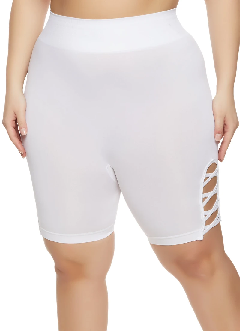 Womens Plus Caged Detail Seamless Biker Shorts, White,