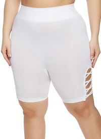 Womens Plus Caged Detail Seamless Biker Shorts, White,