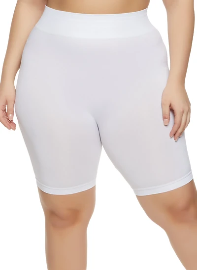 Womens Plus Size High Waist Seamless Bike Shorts, White, Size 1X-2X
