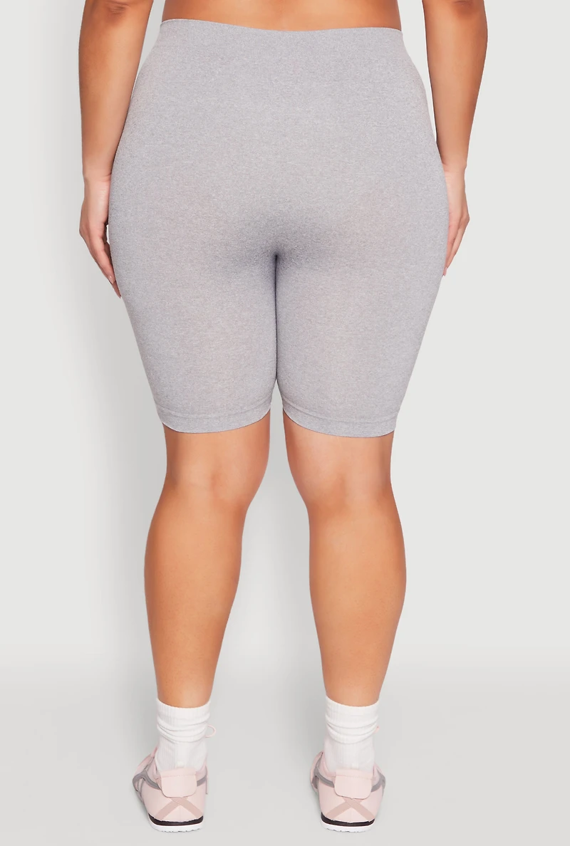 Womens Plus Size High Waisted Seamless Bike Shorts, Grey, Size 1X-2X