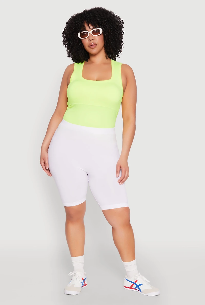 Womens Plus Size High Waisted Seamless Bike Shorts, White, Size 1X-2X
