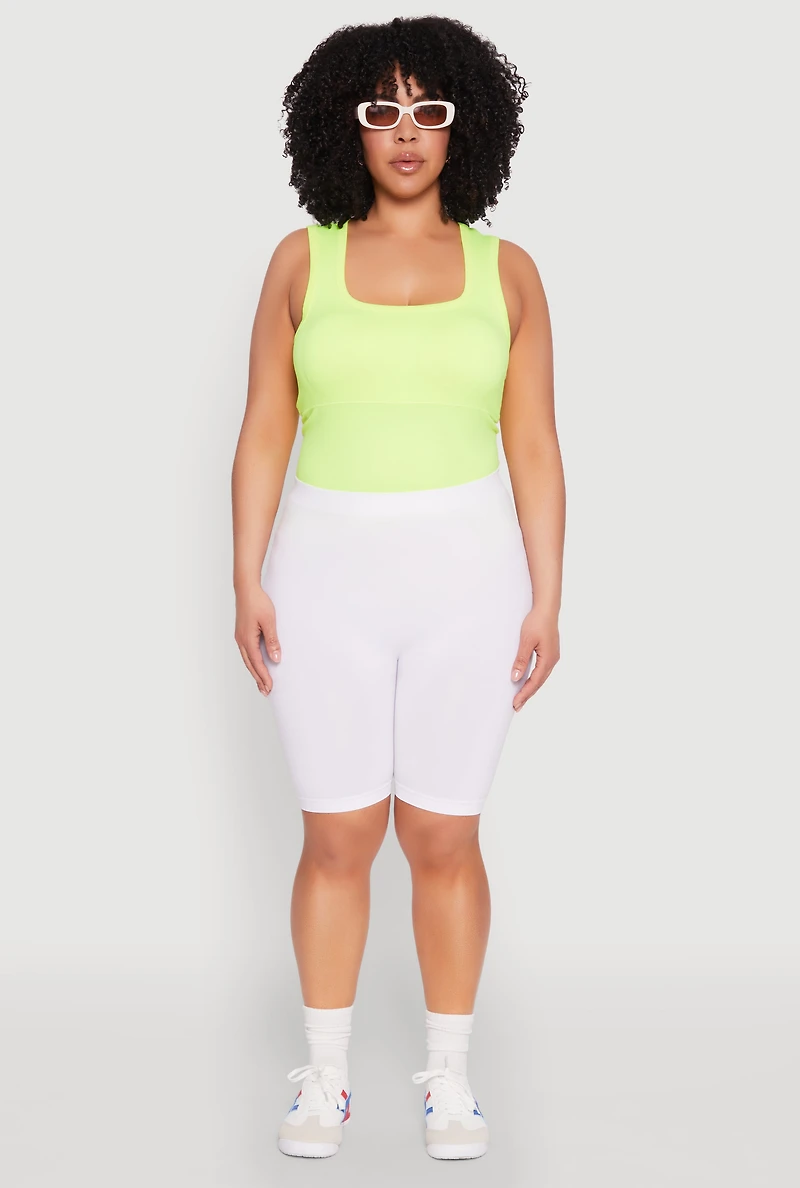 Womens Plus Size High Waisted Seamless Bike Shorts, White, Size 1X-2X