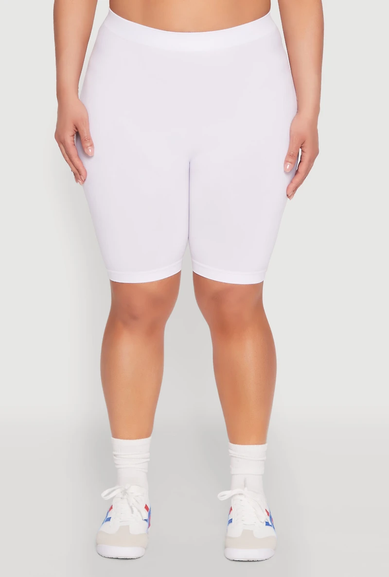 Womens Plus Size High Waisted Seamless Bike Shorts, White, Size 1X-2X