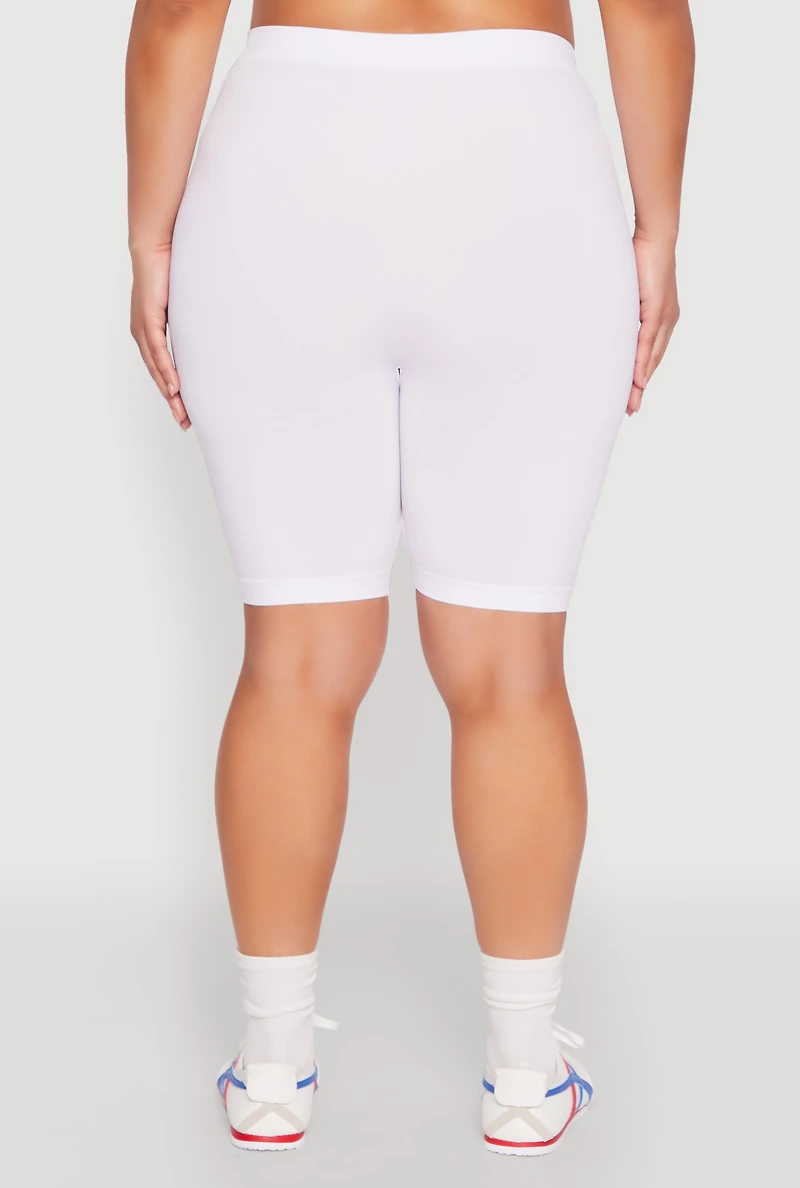 Womens Plus Size High Waisted Seamless Bike Shorts, White, Size 1X-2X