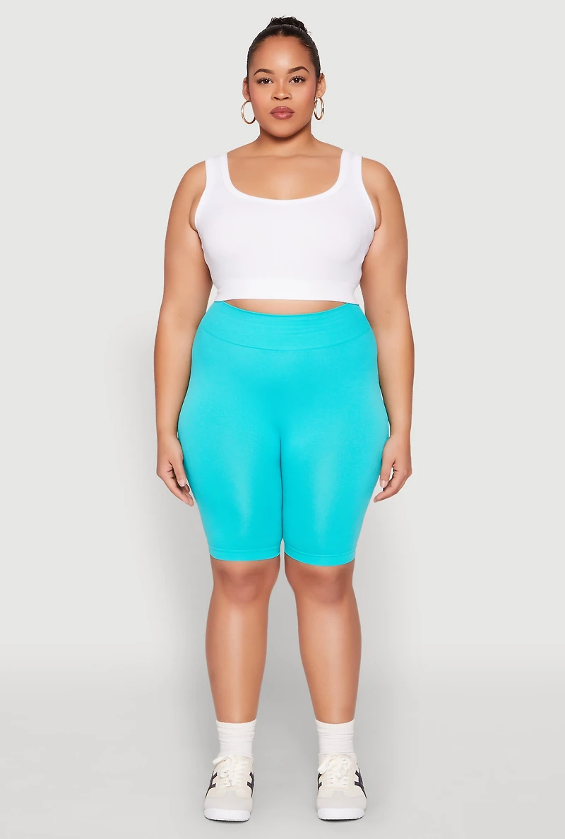 Womens Plus Size High Waist Seamless Biker Shorts, Blue, Size 2X-3X