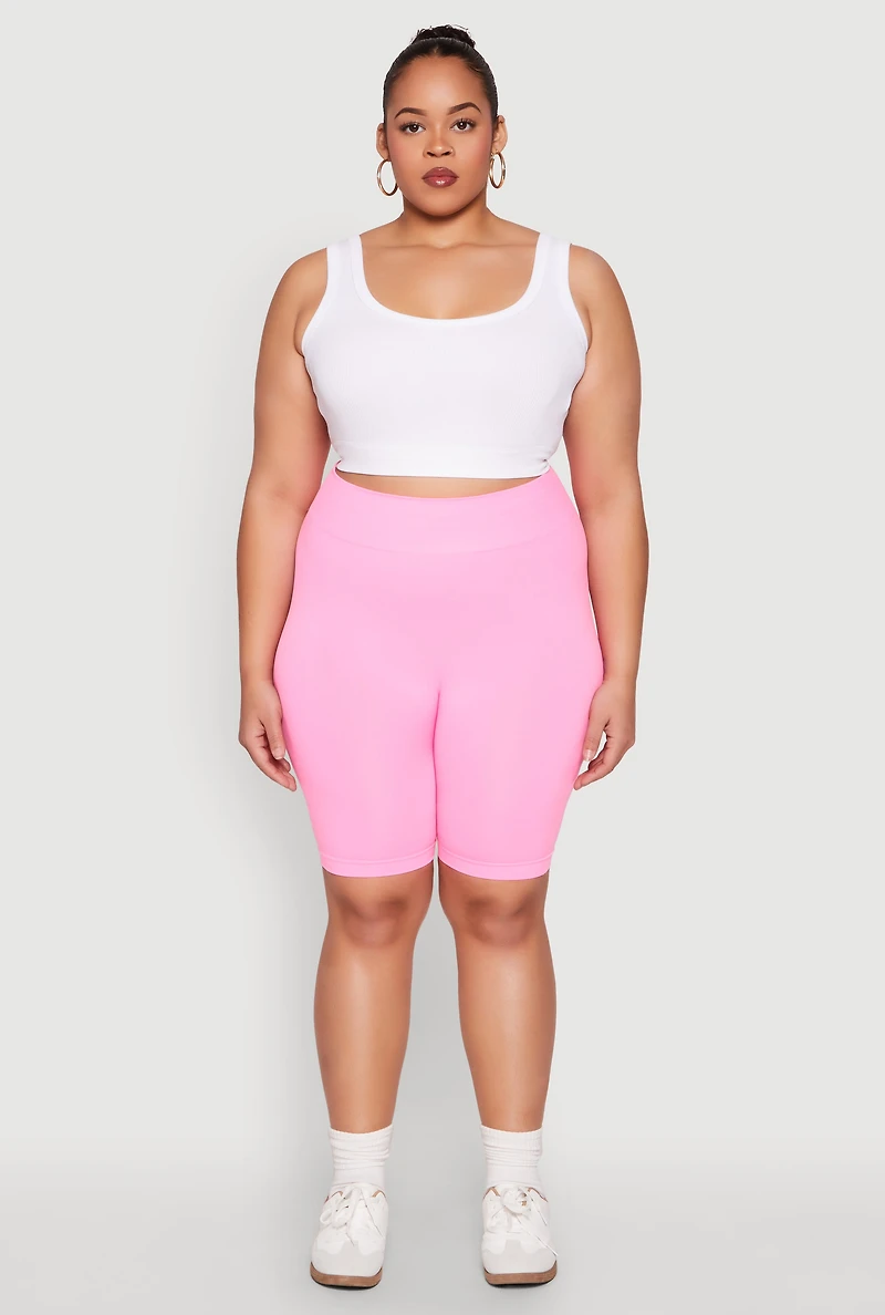 Womens Plus Size High Waist Seamless Biker Shorts, Pink, Size 1X-2X